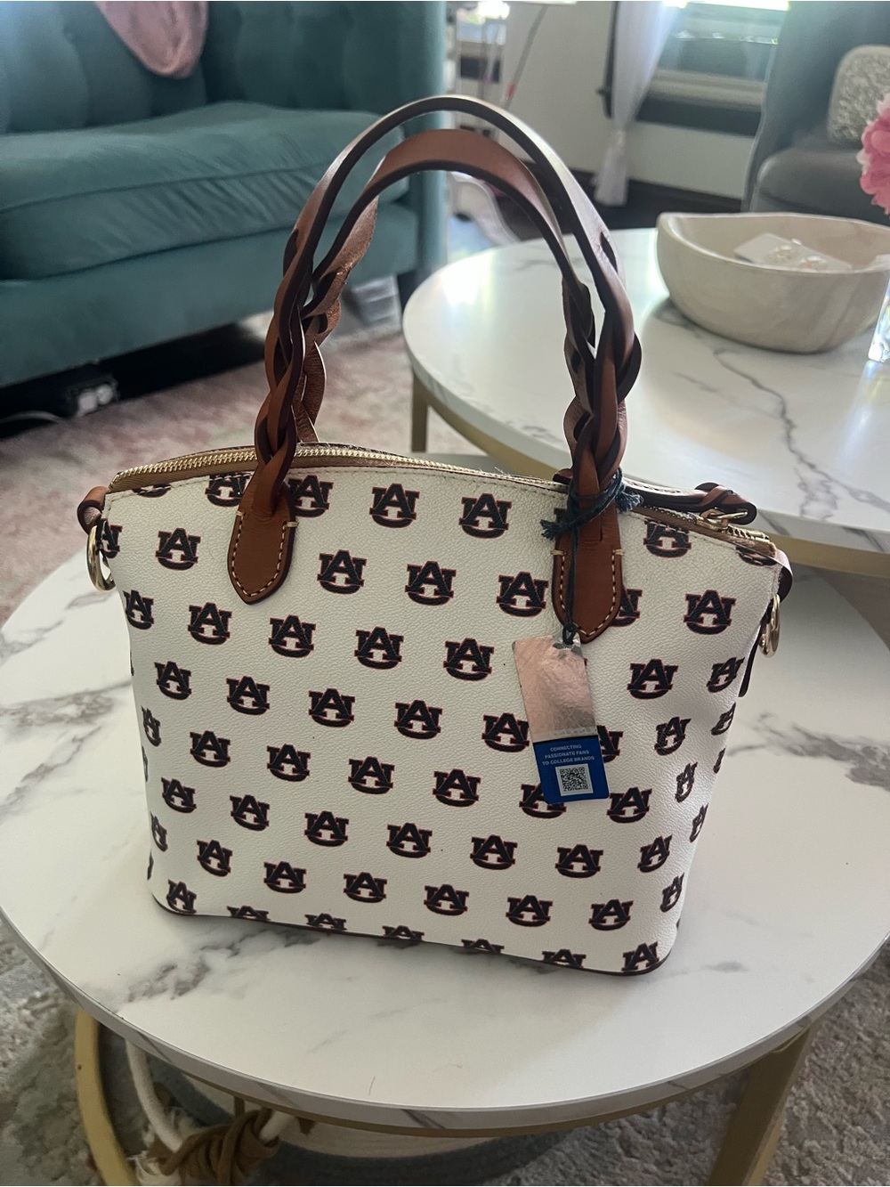 Dooney & Bourke White Canvas Satchel with Brown Leather Trim - Picture 2 of 3